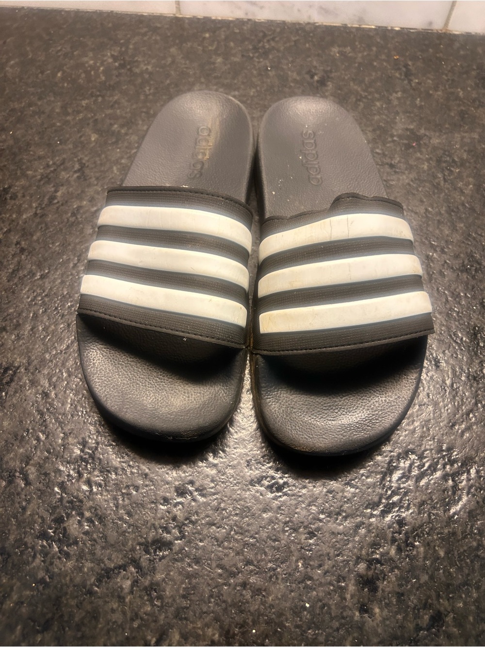 adidas Youth Black Slides with White Three-Stripes small